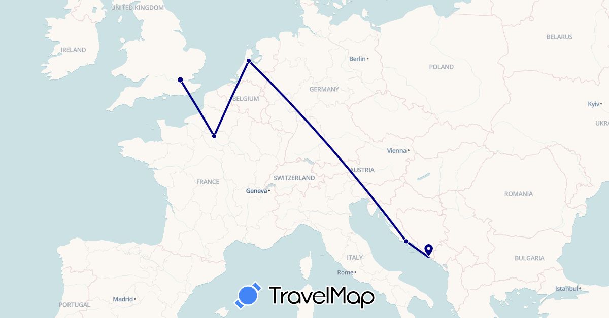 TravelMap itinerary: driving in France, United Kingdom, Croatia, Netherlands (Europe)